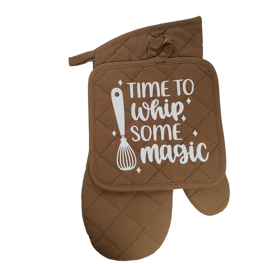 Time to Whip Some Magic Oven Mitt and Pot Holder Set Brown Quilted Kitchenware